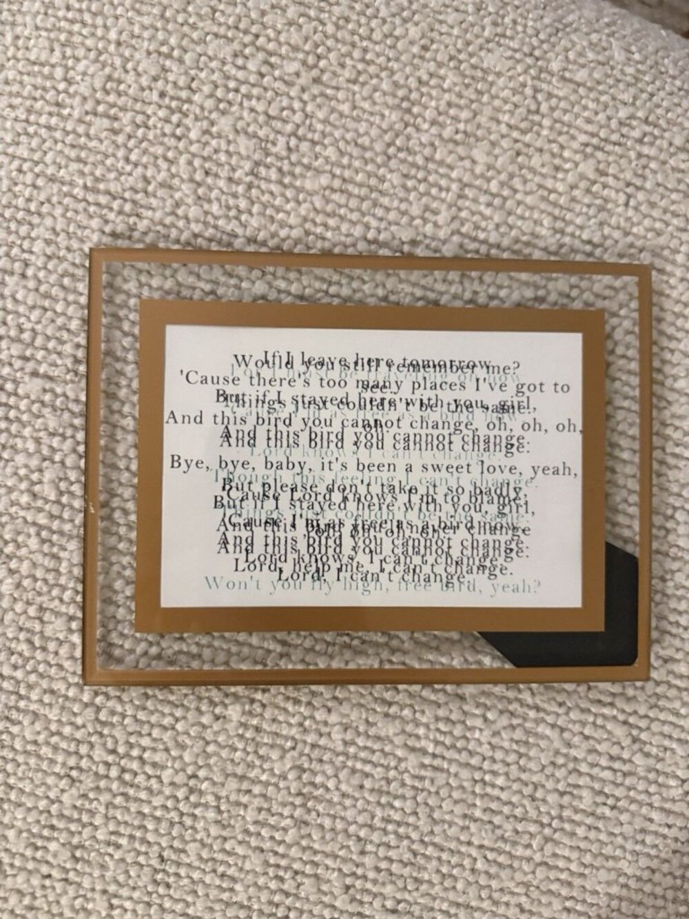 4x6” glass table top frame with jumbled lynyrd skynyrd free bird song lyrics